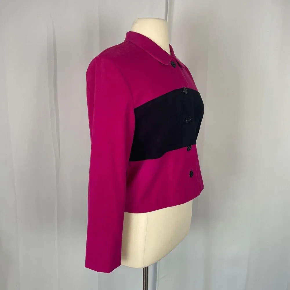 Vintage Blazer Jacket Womens Size 14 Hot Pink Black Stripe Cropped Suede 90s Y2K
